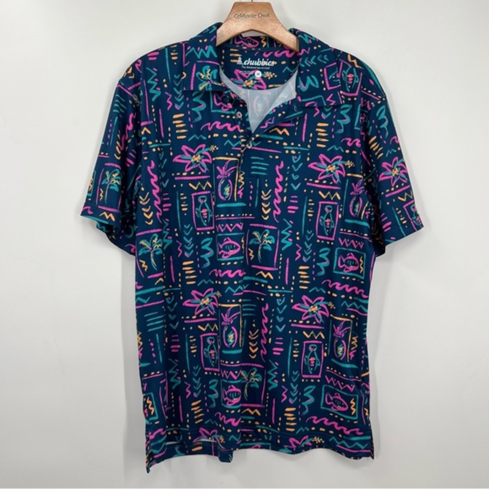 Chubbies Neon Sketch Print Navy Performance Polo Short Sleeve Shirt